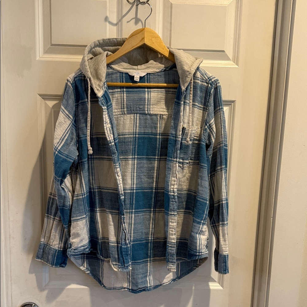 Time and Tru Blue and White Plaid Button Down Shirt with Hood